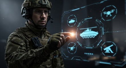 Caucasian man in military uniform interacting with holographic display of modern weapon systems. Soldier engaging with virtual tactical interface.