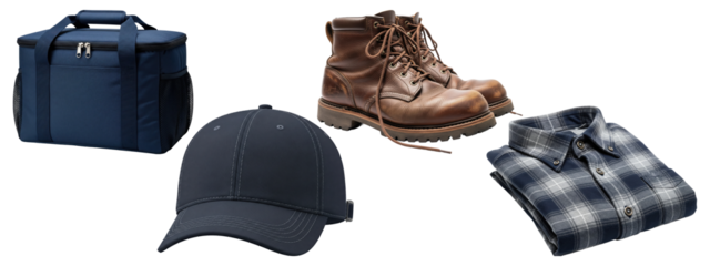 Blue insulated cooler bag, brown leather work boots, navy baseball cap, and folded plaid shirt