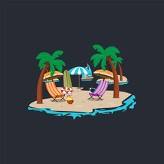 Obraz premium Vector illustration of a fresh flat design of a tropical island with palm trees and a lounge chair