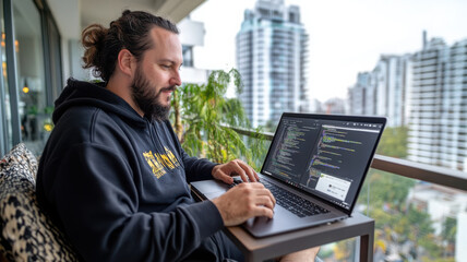 Remote tech worker on balcony with city view, live video call, and machine learning dashboard open. Data scientist