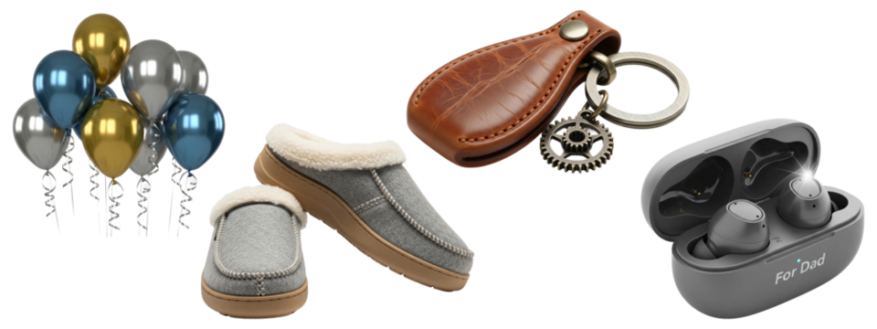 Metallic balloons, cozy gray slippers, leather keychain with gear charm, and wireless earbuds for dad
