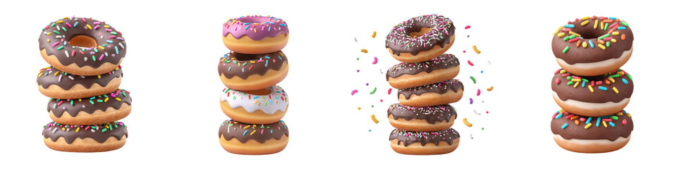 A variety of stacked donuts, featuring different toppings and colors, showcasing a delightful assortment of sweet treats.