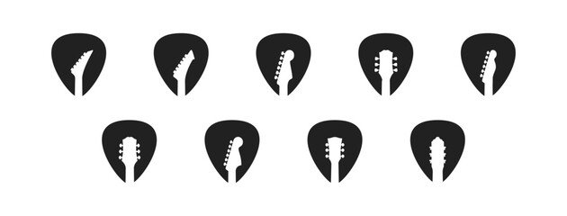 Guitar pick logo, icon set with guitar headstock. Vector EPS 10