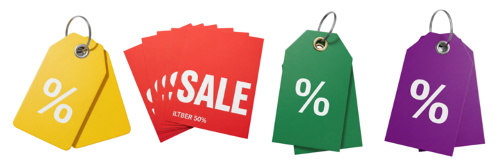 Colorful discount tags and red sale cards