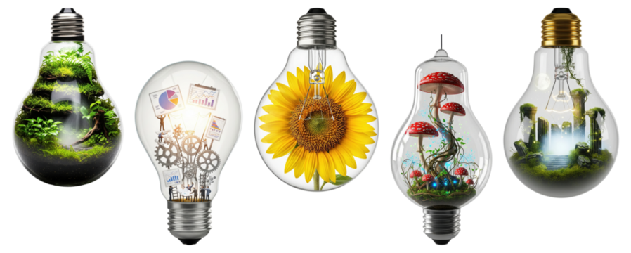 Creative light bulbs with nature, business charts, sunflower, fantasy mushrooms, and magical landscapes inside