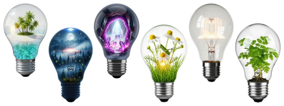 Creative fantasy light bulb concepts featuring nature, landscapes, and imaginative scenes - Powered by Adobe