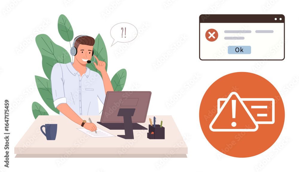 Poster customer service agent using headset and computer to address system error. includes pop-up error mes
