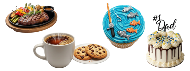 Delicious steak, coffee with cookies, fishing-themed cupcake, and #1 Dad cake set