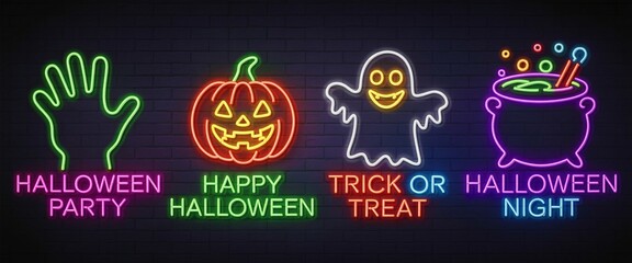 Naklejka premium Spooky Halloween Neon Signs for Party Decorations and Festive Celebrations, Perfect for Invitations and Halloween Night Fun, Trick or Treat!