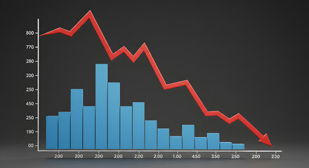 Downward Red Arrow on Blue Bar Chart in Gray Background