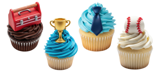 Father’s Day themed cupcakes with toolbox, trophy, necktie, and baseball toppers