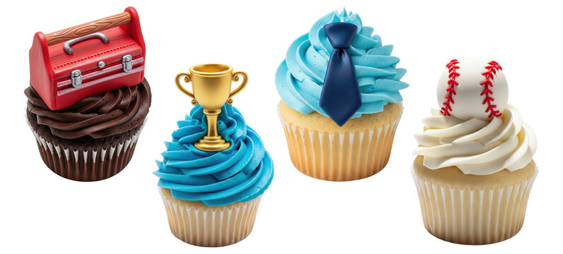 Father’s Day themed cupcakes with toolbox, trophy, necktie, and baseball toppers - Powered by Adobe
