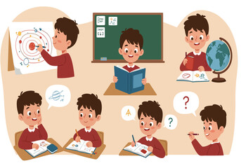 Cute Boy Studying Various Subjects Science, Math, Geography