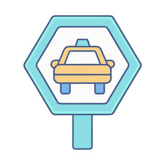 Yellow taxi sign with blue border and post