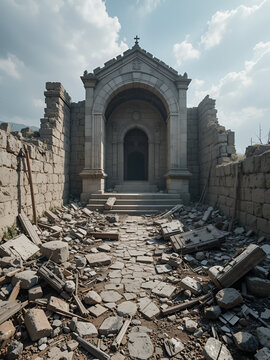 A desecrated shrine where charred remains of relics are scattered amidst the wreckage of stone walls.