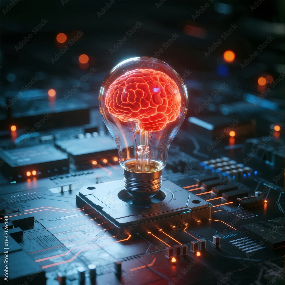 Poster a glowing light bulb with a brain inside, set on a circuit board with illuminated pathways.
