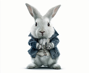 A white rabbit cosplay Frankenstyle costume stands upright on its hind legs, dressed in a dark blue jacket and a gray waistcoat