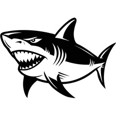 The image features a black and white vector of a shark
