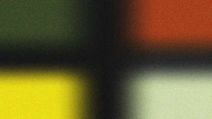 Abstract composition with four color blocks of green red yellow and white separated by a dark cross...