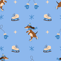 Dachshund Dog Ice Skating Seamless Pattern. Blue winter Pet Background with happy animal seasonal activity and accessories. Modern flat vector illustration