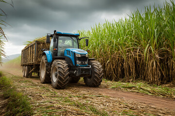 Obraz premium Tractor transporting harvest from sugar cane farm