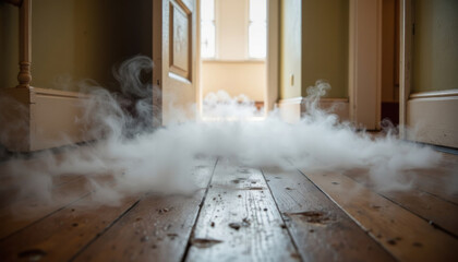 Smoke filling hallway with wooden floor and sunlight streaming in  
