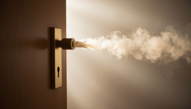 Door handle with steam flowing out in warm indoor light