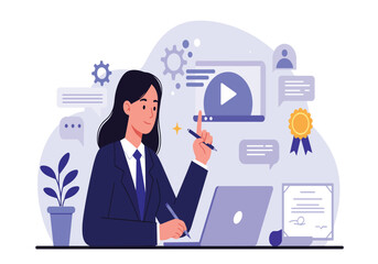 Focused businesswoman engaged in online learning and professional development, achieving certification and new skills.