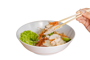 Asian rice noodle bowl with chicken and vegetables
