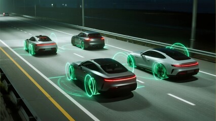 Naklejka premium Four sleek cars driving on a highway at night with illuminated outlines