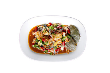 Thai spicy raw blue crab salad dish
