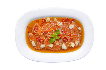 Spicy salmon sashimi in Thai seafood sauce

