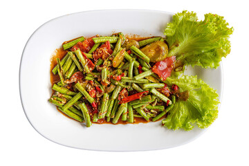 Spicy Thai long bean salad with tomato and lettuce

