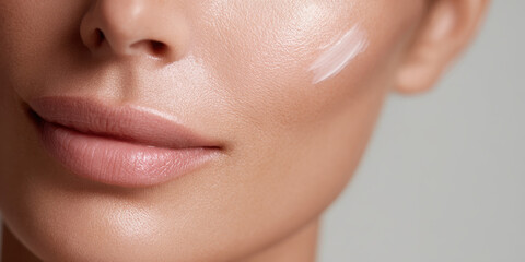 Close up of woman face with glowing skin and cream detail