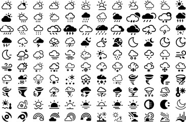 Naklejka premium Weather Icons Pack – Monochrome Vector Set: Large set of black glyph weather icons for apps, UI, and print. Sun, clouds, rain, snow, wind, storms, and moon phases. Ideal for dashboards, 