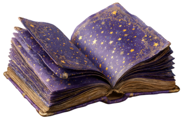 opened purple magic spell book, Halloween witchy desk prop, cute pastel style. isolated on transparent background with clipping path