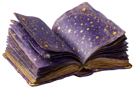 opened purple magic spell book, Halloween witchy desk prop, cute pastel style. isolated on transparent background with clipping path