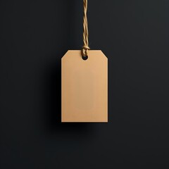 Minimalist blank beige tag hanging from a twisted jute string against a dark background, ready for customization