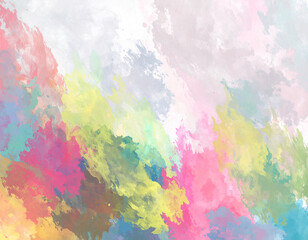Vibrant, abstract watercolor painting featuring pinks, yellows, and blues on a textured white background, creating a playful yet sophisticated effect.