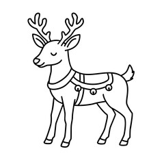 A Black and White Line Art Illustration of a Cute Reindeer Wearing a Harness with Bells and Antlers, Ideal for Holiday Coloring Pages, Greeting Cards, and Festive Children's Designs