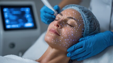 A woman receives a skincare treatment in a modern clinic, featuring advanced technology that projects a grid pattern on her face. Gentle hands perform precise application while she relaxes