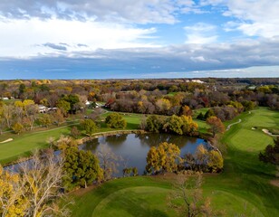 Fototapeta premium Autumn golf course aerial view