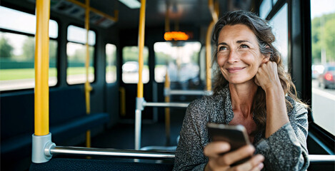 A serene woman rides a bus, gazing dreamily with a phone in hand. Interior bus shot with a smiling face, public transportation