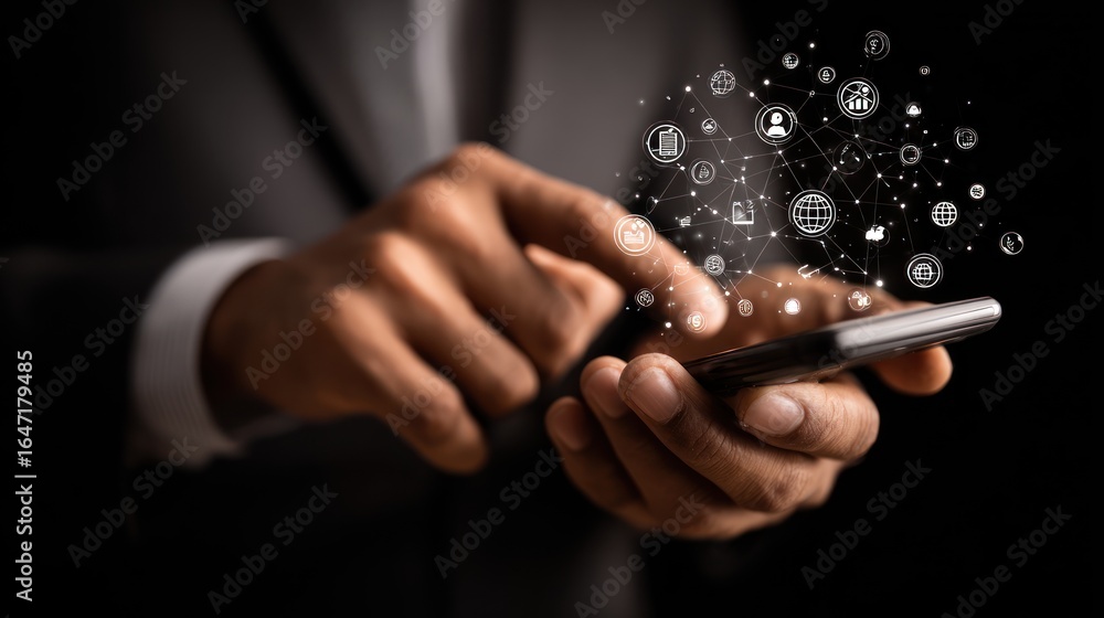 Poster digital interaction: a close-up shot captures the hands of a business professional engrossed in navi