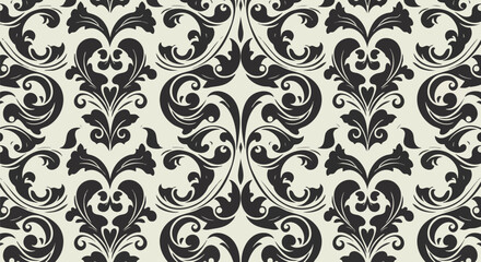 Obraz premium An intricate black and cream seamless damask pattern, featuring ornate floral and scroll motifs, provides a luxurious and elegant background for design projects and textiles.