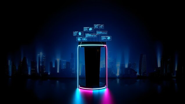 A futuristic podium with glowing neon lights displays data against a dark cityscape
