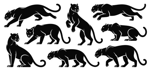 Obraz premium Collection of black panther silhouettes in various poses