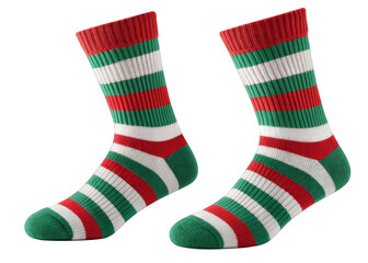 pair of wool socks with red and green stripes isolated on a transparent background.	