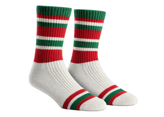 pair of wool socks with red and green stripes isolated on a transparent background.	