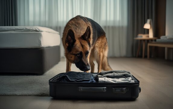 A German Shepherd dog sniffs curiously at an open suitcase packed with clothes in a hotel room, evoking themes of travel, pets, and curiosity.